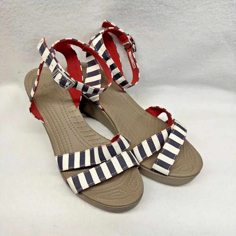 Crocs Leigh Wedge‎ Sandals Womens 9 Blue White Striped Nautical Summer Preppy